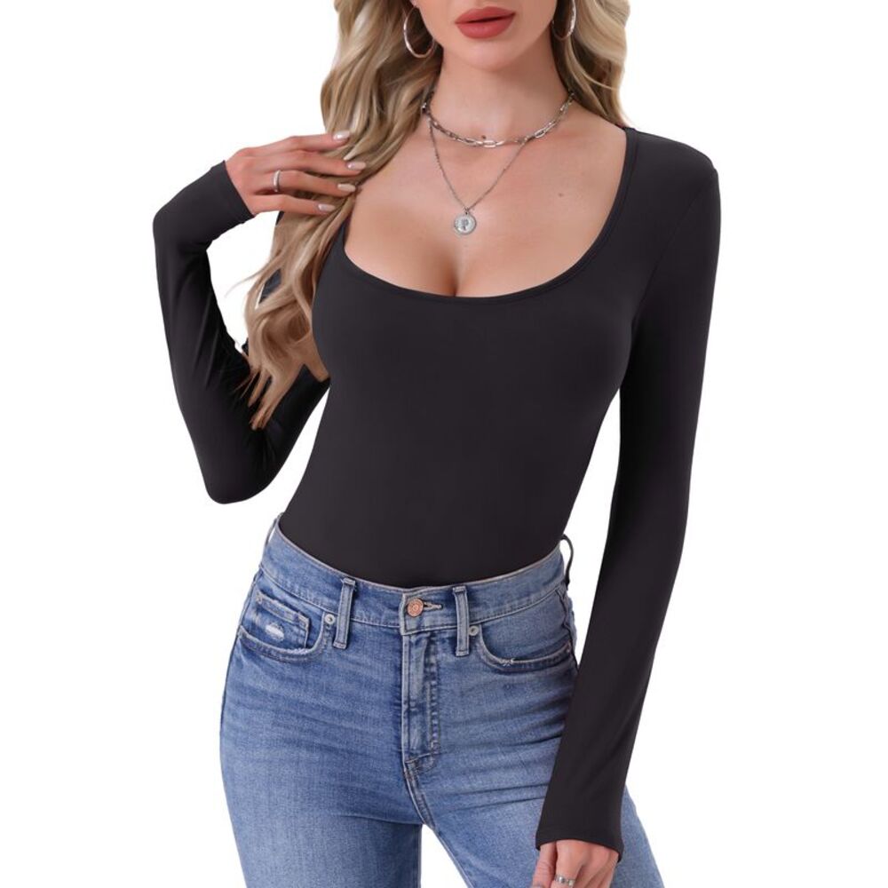 Women's Scoop Neck Long Sleeve Slim Fit Thermal Shirt Black